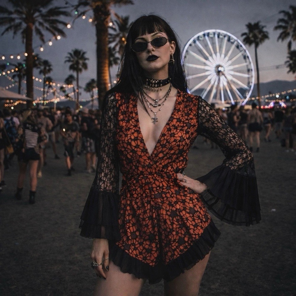 Whimsigoth Romper Medium Orange Black Festival Rave Goth‎ Hippie Punk Celestial